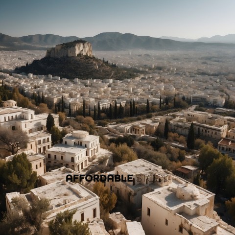 An aerial view of a city with a mountain in the background