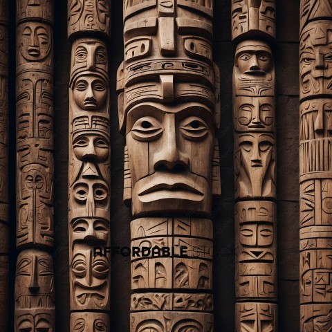 Wooden carvings with faces and symbols