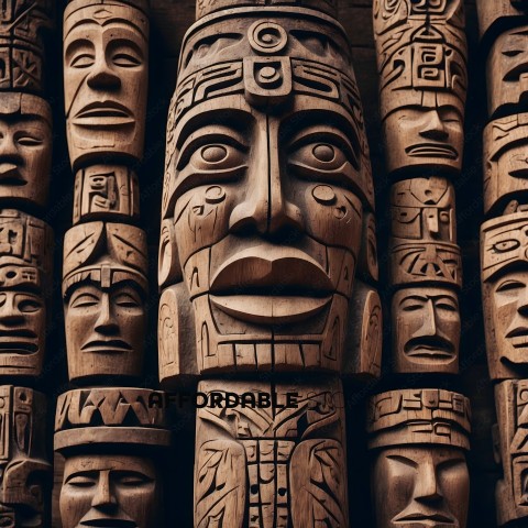 Wooden carvings of faces and masks