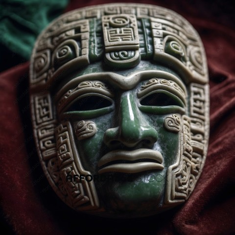 A green mask with intricate designs