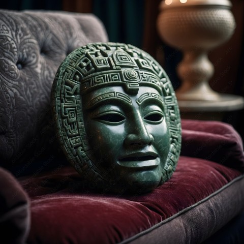 A green mask sits on a red velvet cushion