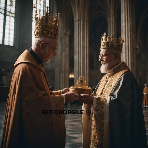 Two men wearing crowns and robes are exchanging a golden box