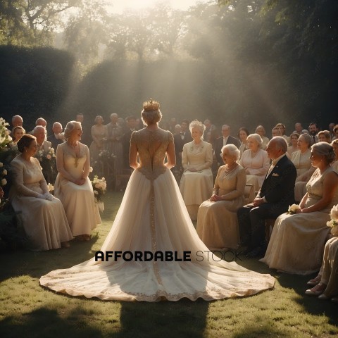 A bride in a white dress stands in front of a crowd