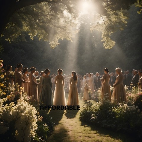 A group of women in formal dresses stand in a circle in a garden