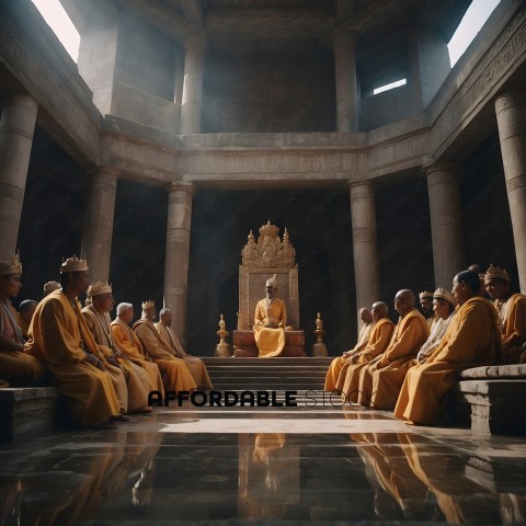Buddhist monks in yellow robes sitting in a large room