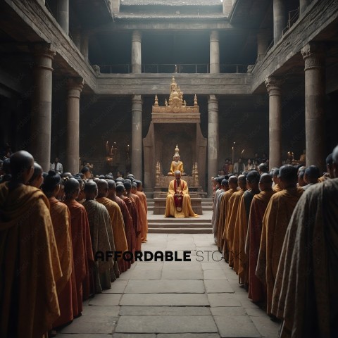 A group of people in yellow robes are standing in front of a throne