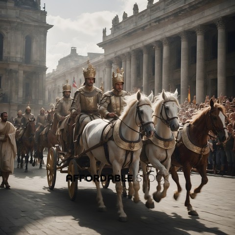 A group of men in gold and white riding horses