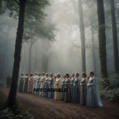 A group of women in period costumes are lined up in a forest