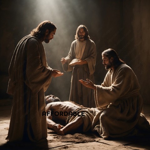 Three religious figures praying over a man lying on the ground