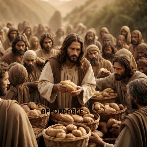 Jesus holds bread for the masses