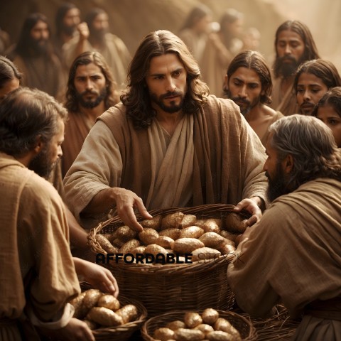 Jesus holds a basket of potatoes while surrounded by his disciples