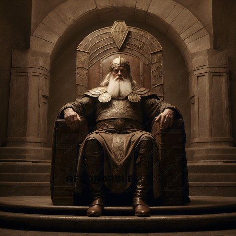 A man with a long white beard and a crown sits in a chair