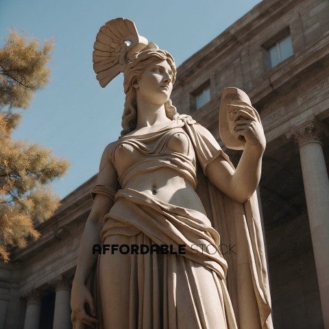 A statue of a woman holding a shield