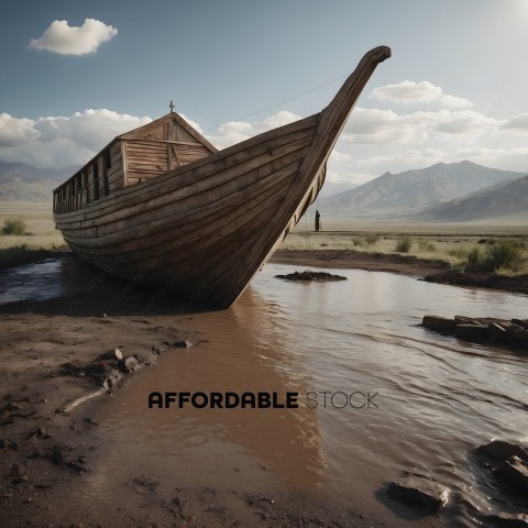 A large wooden boat sits in a muddy river