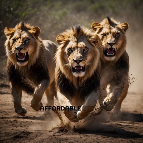 Three lions running in the dirt