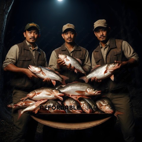 Three men holding fish in a dark setting