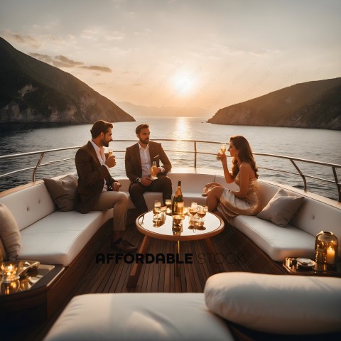 Three people enjoying a sunset on a yacht