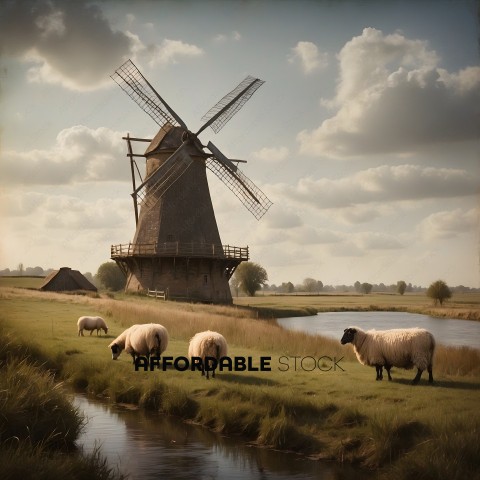 A group of sheep grazing in a field with a windmill in the background