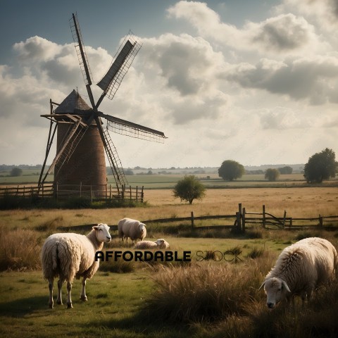 Sheep grazing in a field with a windmill in the background