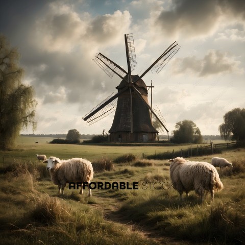 A group of sheep graze in a field with a windmill in the background