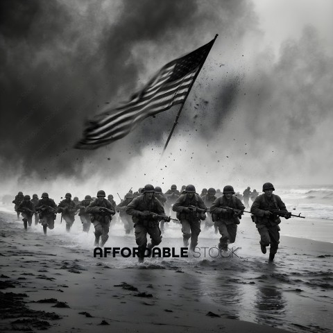 Soldiers running on beach with American flag