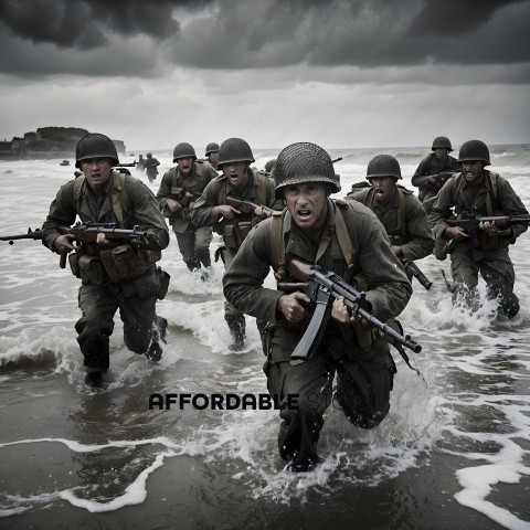 Soldiers marching through water