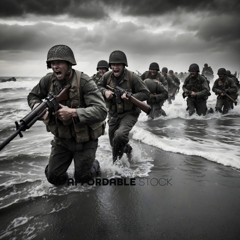 Soldiers in WWII storming the beach