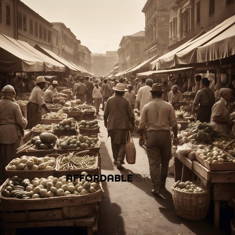 A busy marketplace with people shopping for fruits and vegetables