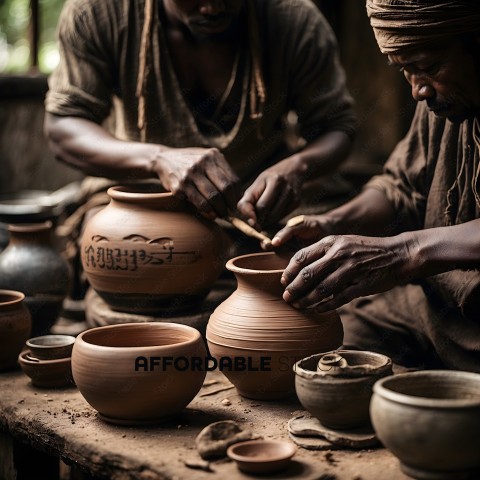 Two men working on pottery