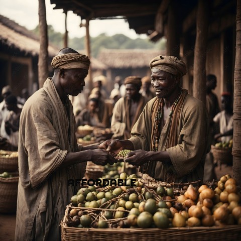 Two men in a marketplace with fruit
