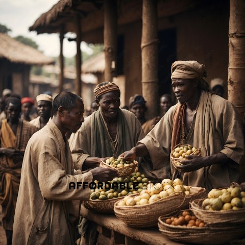 Men in a village marketplace with fruit