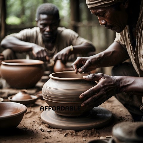 Two men working on pottery in a village