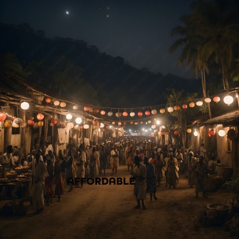 A crowded marketplace at night with a large group of people