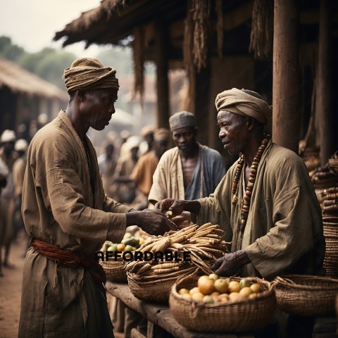 Two men in traditional African garb are selling fruit