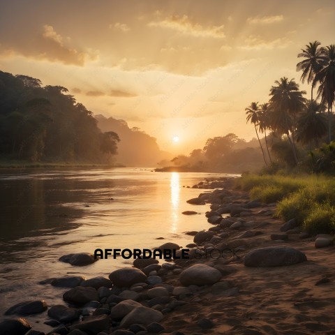 A beautiful sunset over a river with palm trees