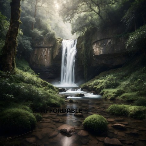 A waterfall in a forest with moss growing on the rocks