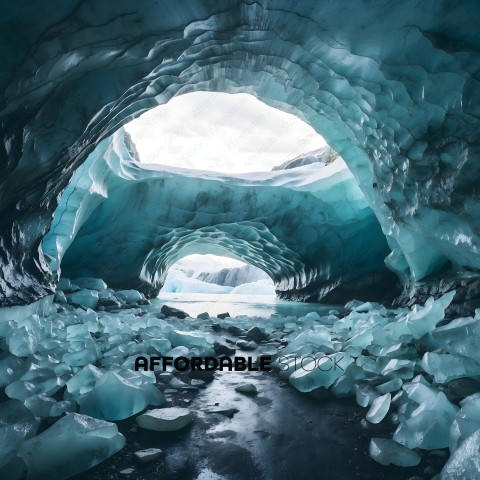 A view of a large ice cave with a clear pathway