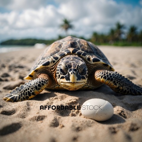 A turtle on the beach with a white egg