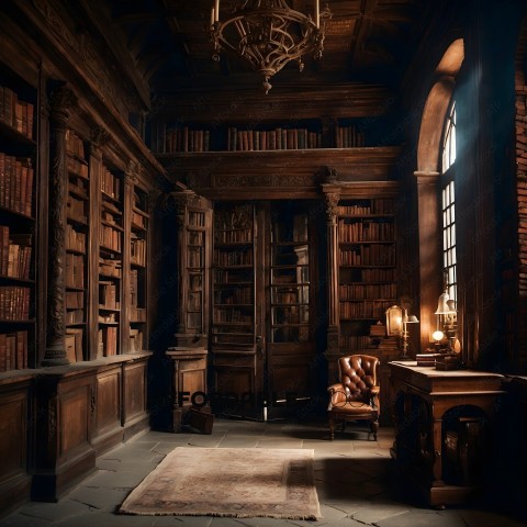 A library with a large wooden bookcase and a chair