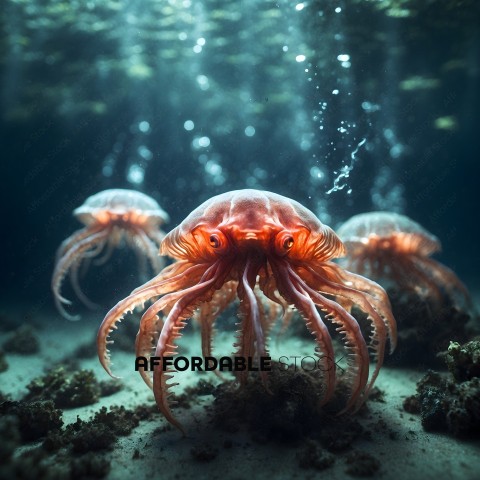 A group of sea creatures with red and orange colors