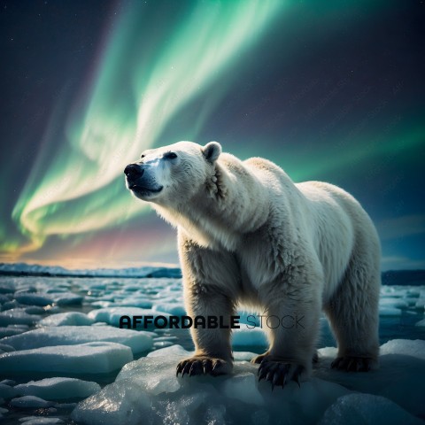A polar bear standing on ice with a green sky in the background