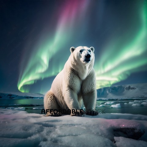 A Polar Bear Sits in the Snow with a Sky of Aurora Borealis