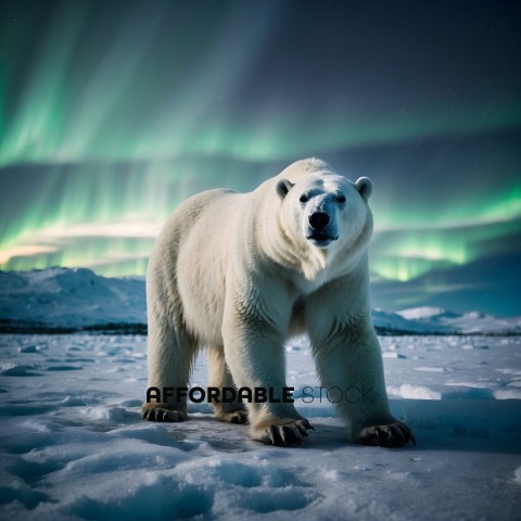 A polar bear standing in the snow with a green sky in the background