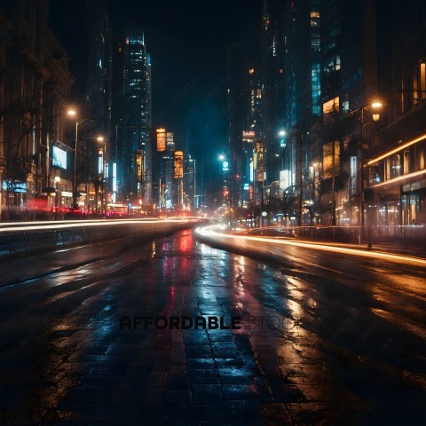 A city street at night with a blurred motion