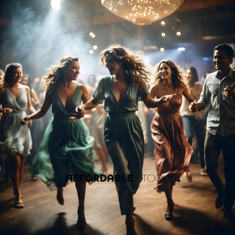 Women in dresses dancing in a room
