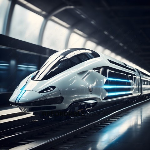 A futuristic train with blue lights on the side