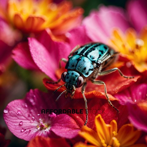 A blue and green beetle on a flower