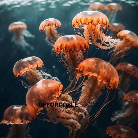 A group of orange and black jellyfish in the ocean