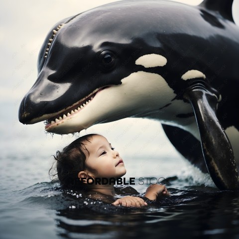 A young girl is being held by a whale