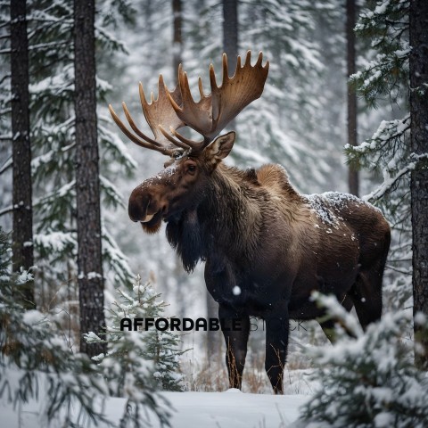 A moose with large antlers standing in the snow
